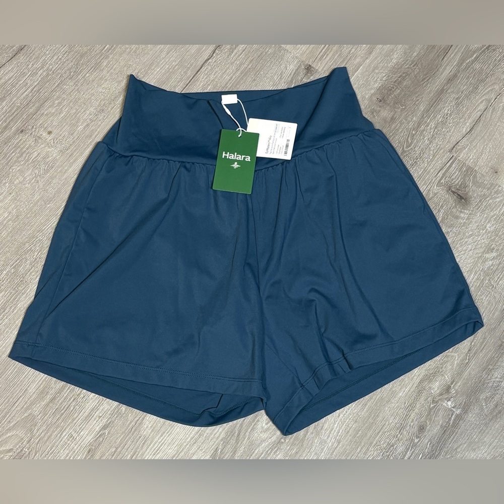 Halara SoftlyZero Airy High Waisted Blue Yoga Shorts Sz L NWT!